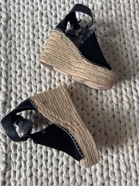 Marc Fisher Black Suede Leather Wedge Espadrille Sandals, size 6.5